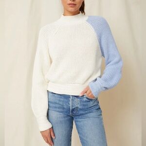 AMO Tahoe Rib Knit Sweater Mock Neck Cotton Baby Alpaca Cream Blue Size S